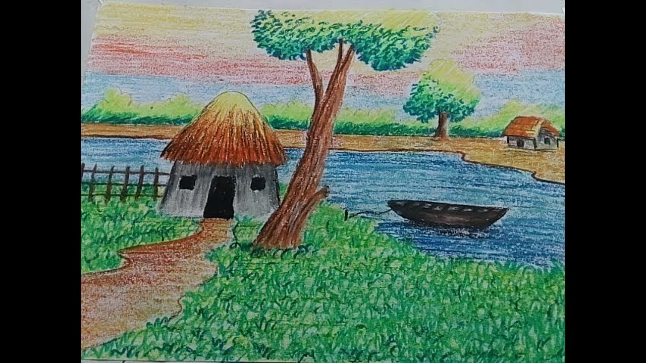 How to draw a hut scenery by oil pastel colours - YouTube