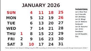 January Calendar 2026