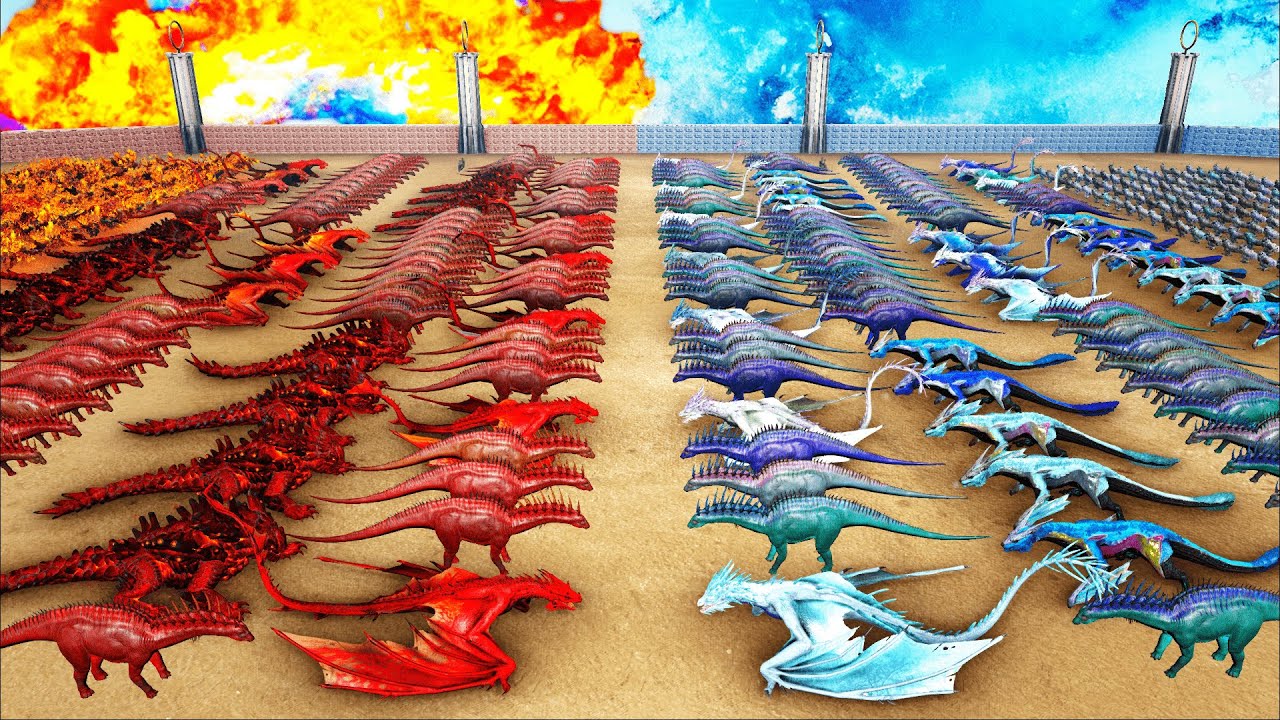 1000 FIRE CREATURES VS 1000 ICE CREATURES | ARK