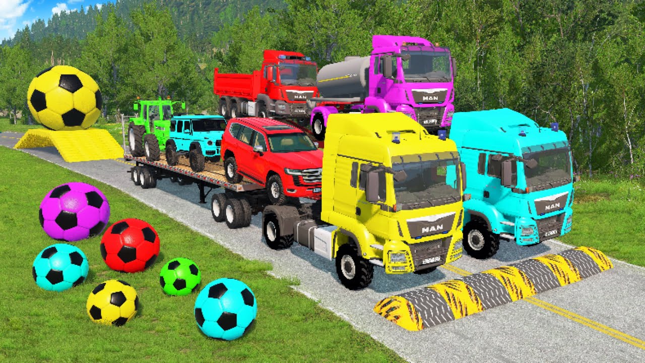 Flatbed Trailer McQueen Transportation with Truck - Speedbumps vs Cars vs Train - BeamNG.Drive #03