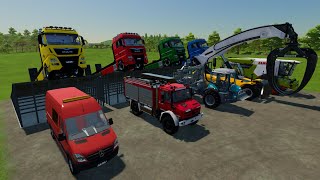 TRANSPORTING EXCAVATOR, MIXER TRUCK, BULLDOZER,JCB TRACTOR, POLICE CARS, AMBULANCE,FIRE TRUCK - FS22