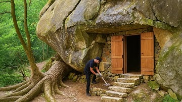 How I Chisel a Large Rock to Build a Warm Bushcraft Shelter for Surviving for 7 Days