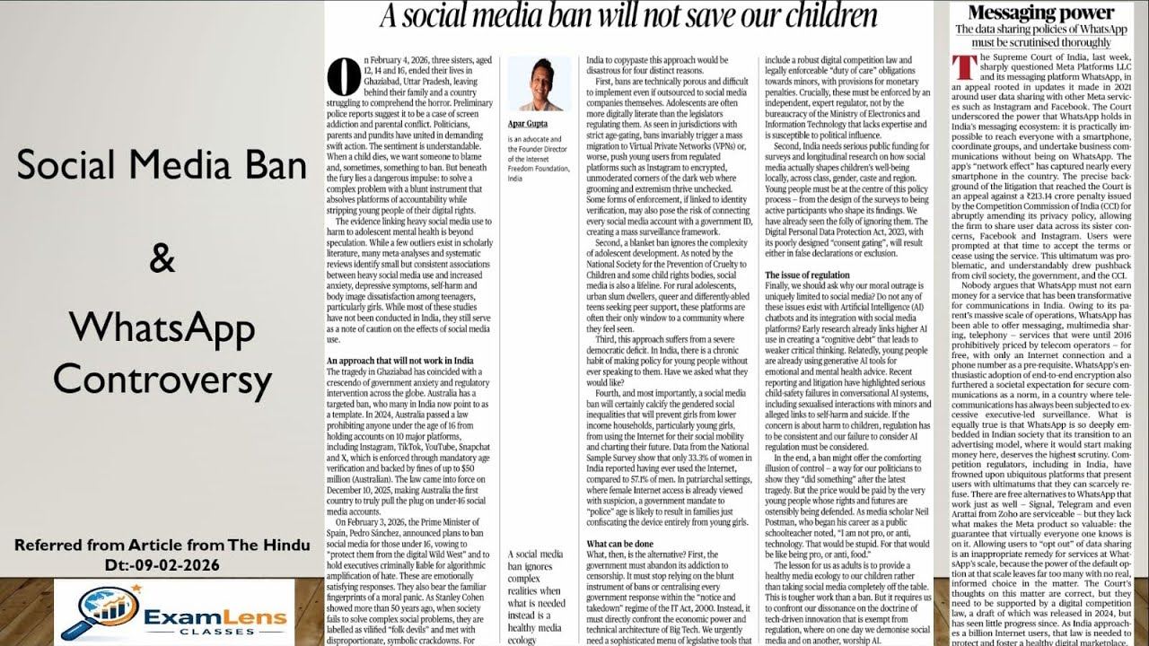 Social Media Ban and WhatsApp Controversy. Current Affairs-The Hindu Editorial Dt:09-02-2026