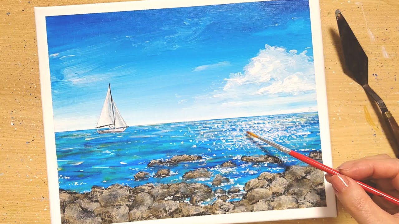 How to draw [Summer sky and sea] with acrylic paint/Coastal rocky