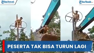 VIRAL! Peserta Panjat Pinang Tak Bisa Turun,  Hingga Harus Dievakuasi dengan Alat Berat