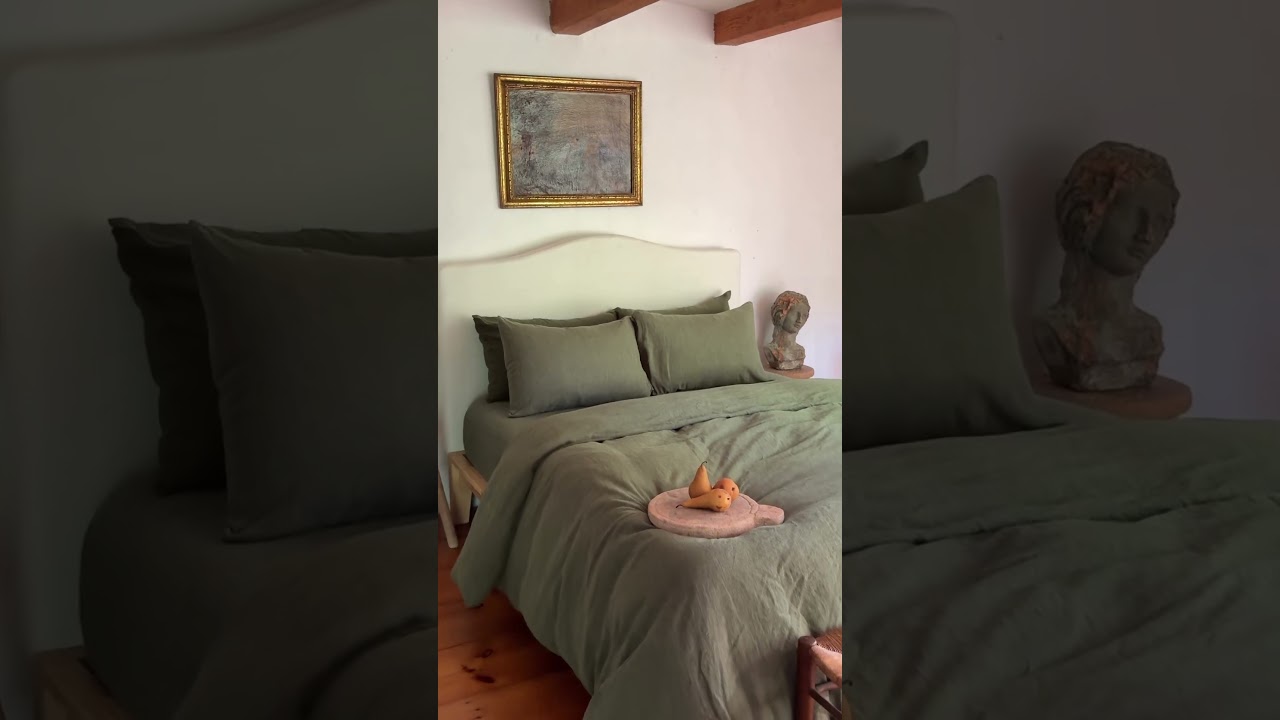 Olive Stripe 100% French Flax Linen Bedding Set | Bed Threads.