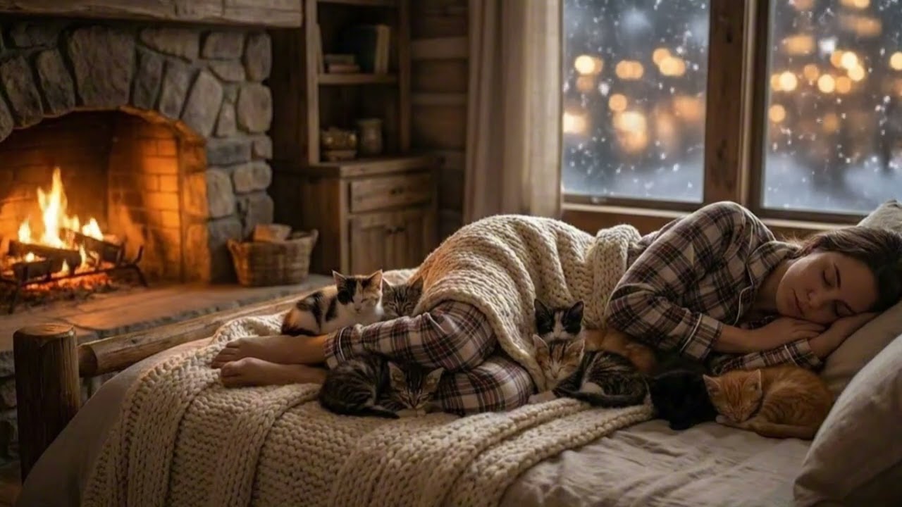 Cozy Night with Kitties | Warm Fireplace & Piano Music (Sleep, Stress Relief)