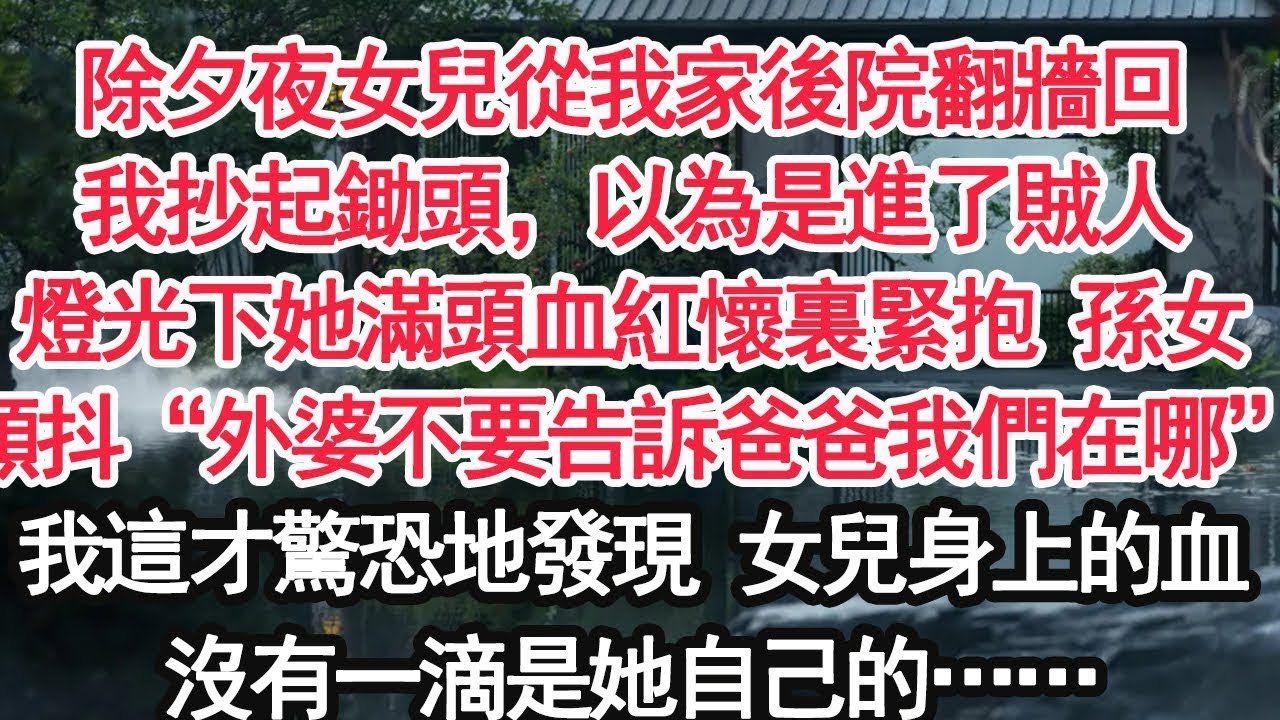 除夕夜女兒從我家後院翻牆回我抄起鋤頭，以為是進了賊人燈光下她滿頭血紅懷裏緊抱 孫女顫抖“外婆不要告訴爸爸我們在哪”我這才驚恐地發現 女兒身上的血沒有一滴是她自己的……【顧亞男】【大女主】【婚姻自