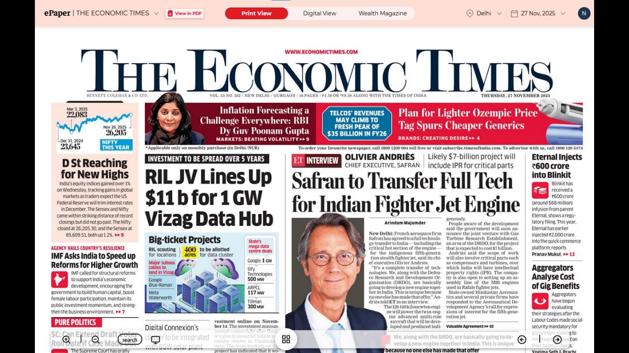 27 November 2025 | The Economic Times Newspaper | Daily Finance & Business News Analysis