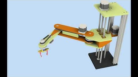SCARA robot animation with NEMA 23 and 17 stepper, SG90s servo gripper and vslot reinforced frame.