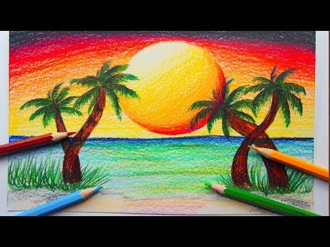 ภาพวาดวิวทะเลพระอาทิตย์ตก (สีไม้) | How to draw a sea beach scenery