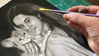 Drawing a Hyper-Realistic Cat & Girl | Satisfying Charcoal Sketch Timelapse 🐾✨