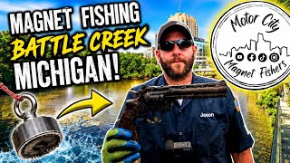 WE FOUND A GUN MAGNET FISHING IN BATTLE CREEK, MICHIGAN! 😱