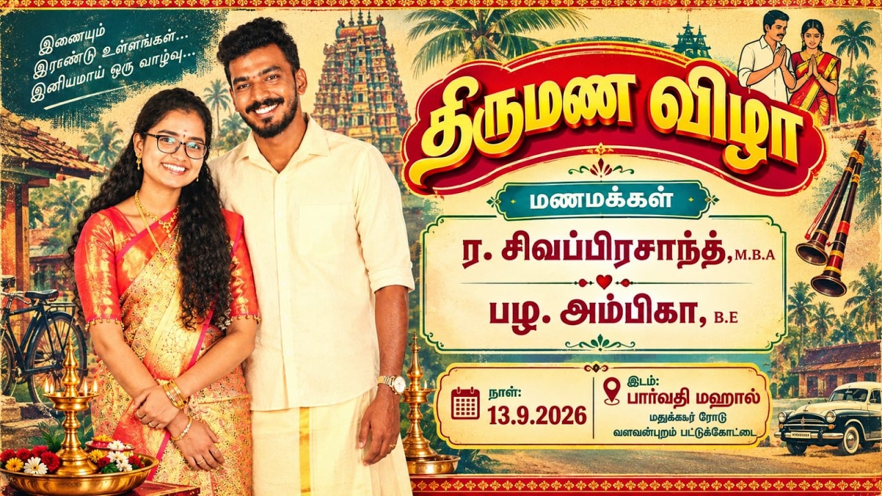 திருமண விழா மணமக்கள் ர.சிவப்பிரசாந்த்,M.B.A - பழ‌. அம்பிகா,B.E  நாள்: 13.9.2026 இடம்:பார்வதி மஹால்