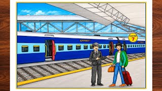 How to Draw a Railway Station Scenery| Train Scenery Drawing| Railway Station Platform Drawing|Easy