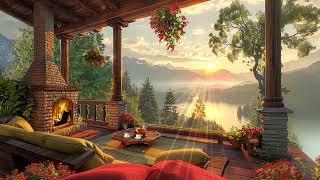 Happy Summer Morning ☕ Relaxing Piano Jazz on Gentle Mountain Air for Good Mood ~ Cozy Fireplace