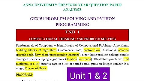 GE3151- Problem Solving using Python Programming Anna univ. qp analysis (UNIT 1 & 2)