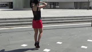 Evening Sightseeing. Outfit Red Leather Mini Skirt and High Heels...