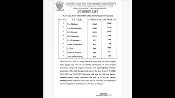lahore college women uni  intermediate fsc / F.a 1st ,2nd merit list morning and eveing time  2022