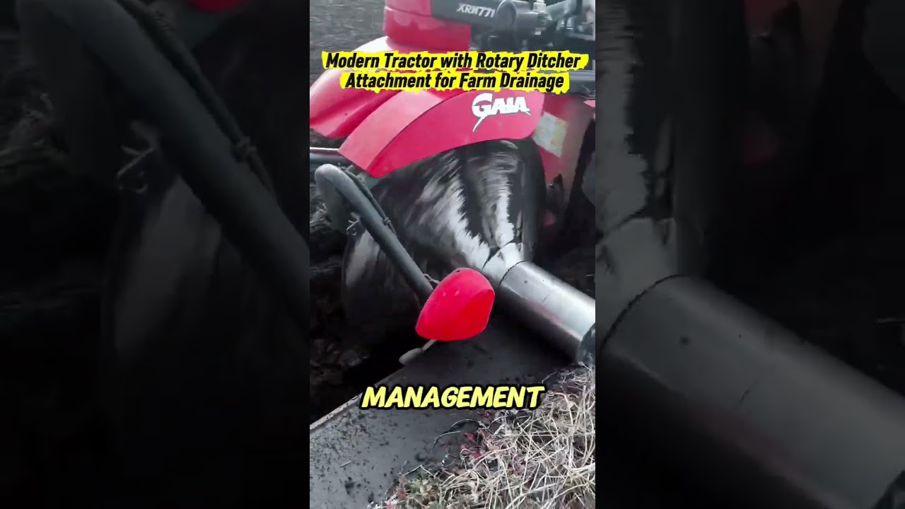 Modern Tractor with Rotary Ditcher Attachment for Farm Drainage. 
