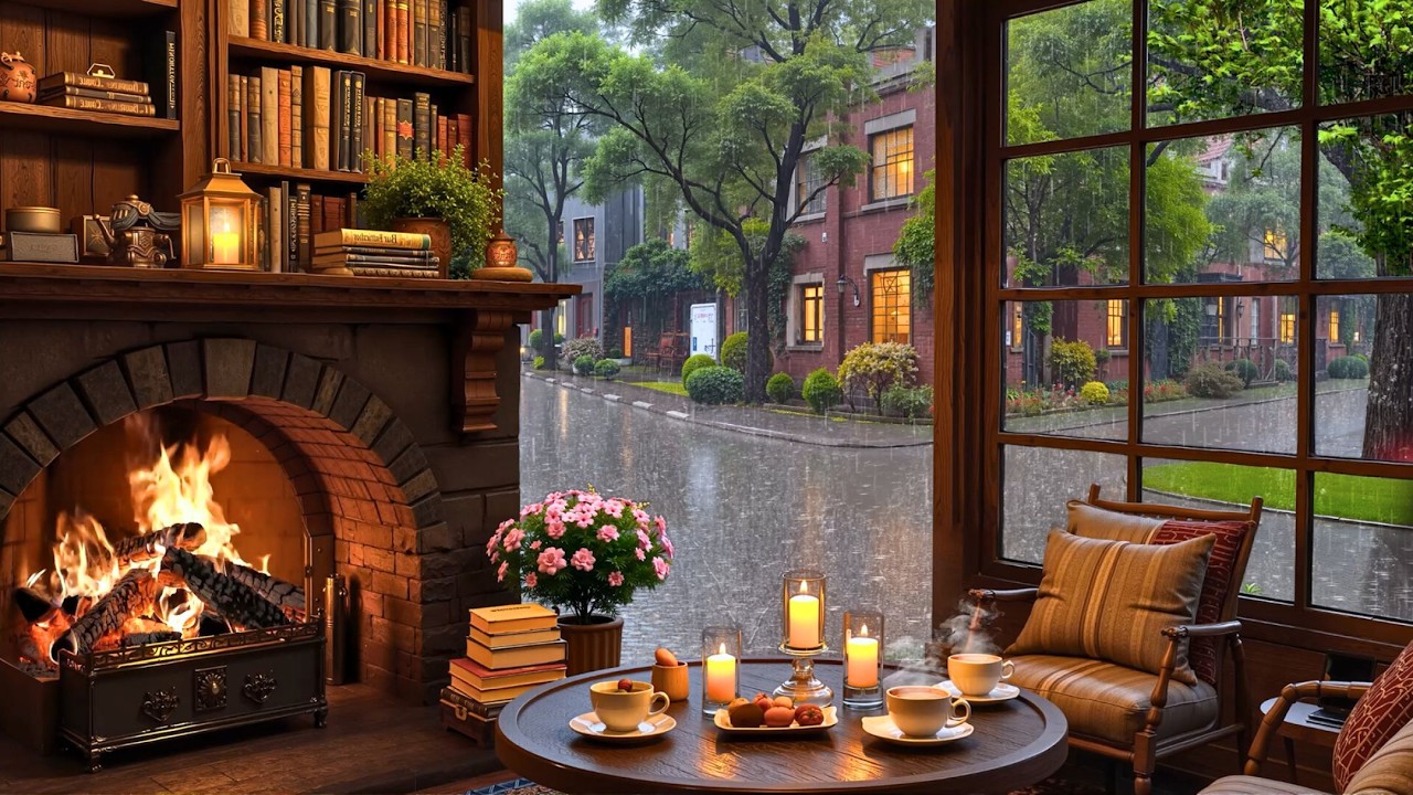 Нежная февральская дождливая кофейня ☕ Расслабляющая джазовая фортепианная музыка и звуки камина