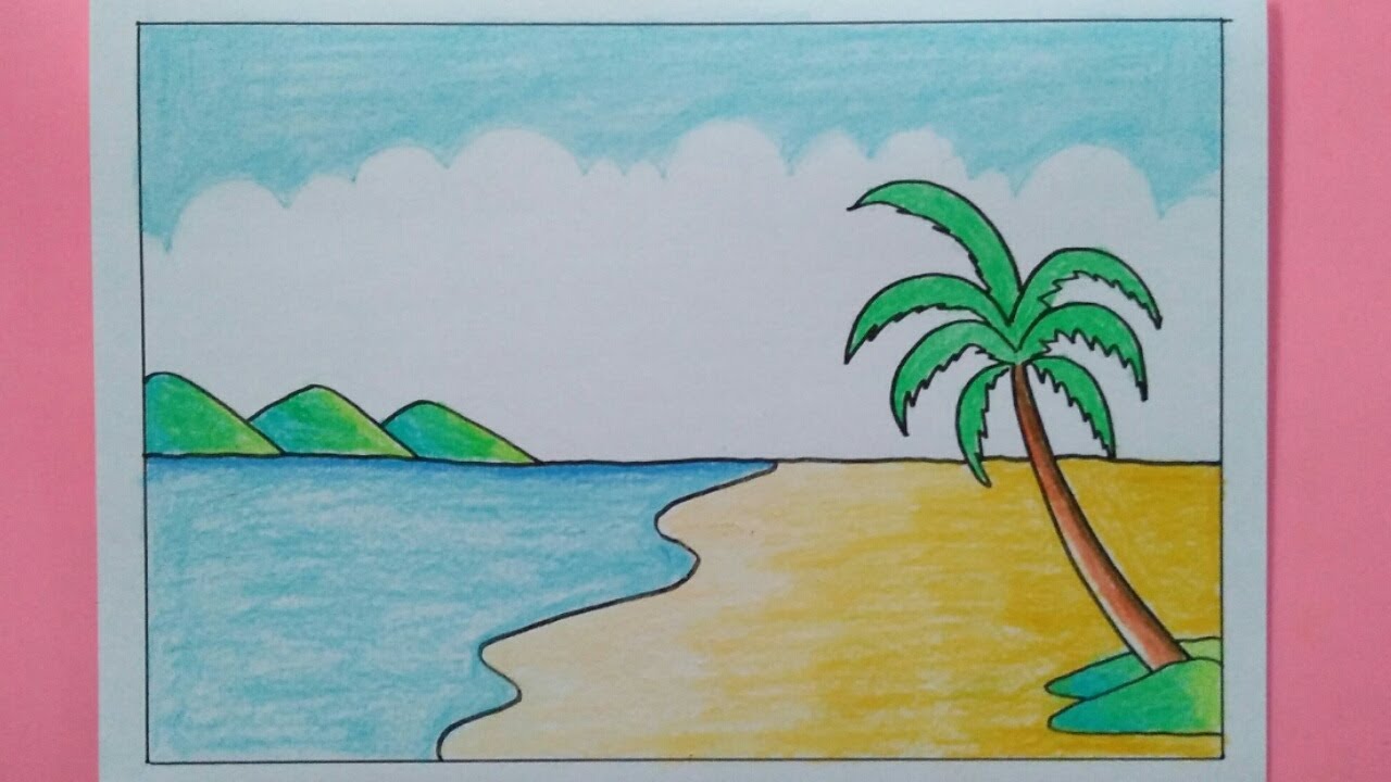 How To Draw A Sea Beach Scenery - Easy Drawing - 360CongNghe.net