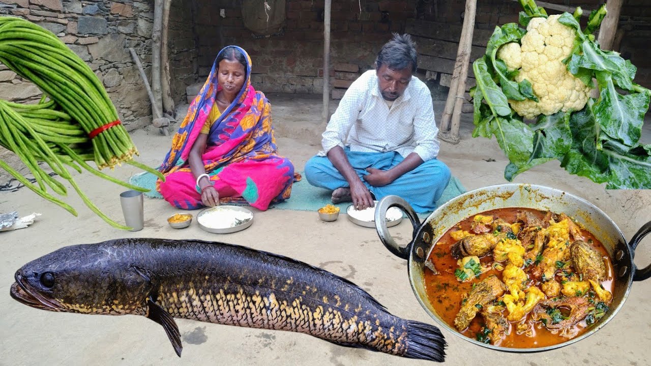 Cooking river SHOL FISH curry with cauliflower and eating fried long beans for tribal parents