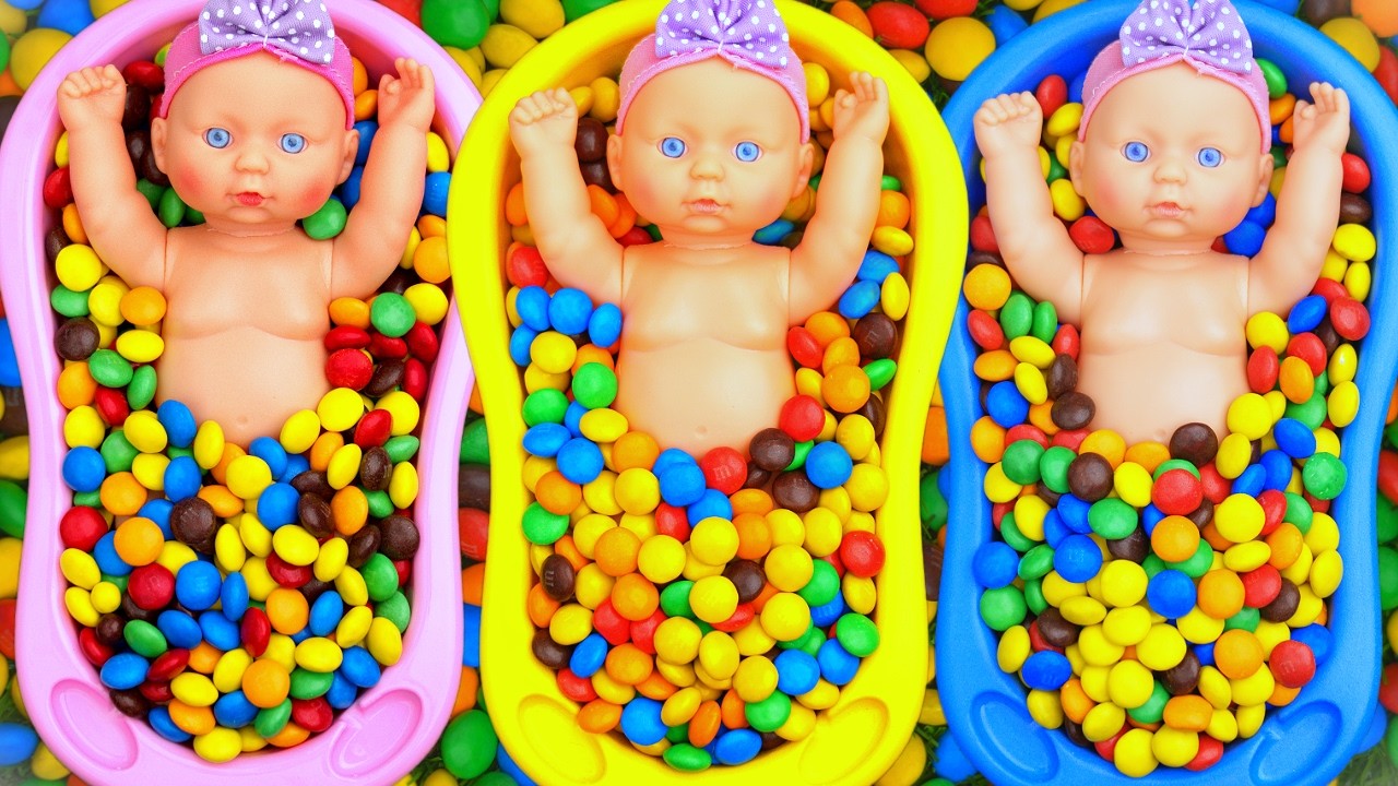 Full of 3 Rainbow BathTubs Candy with M&M's & Magic Slime Cutting Video 9