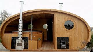 Outdoor oval sauna with an integrated hot tub | Ovale Außensauna mit integriertem Whirlpool