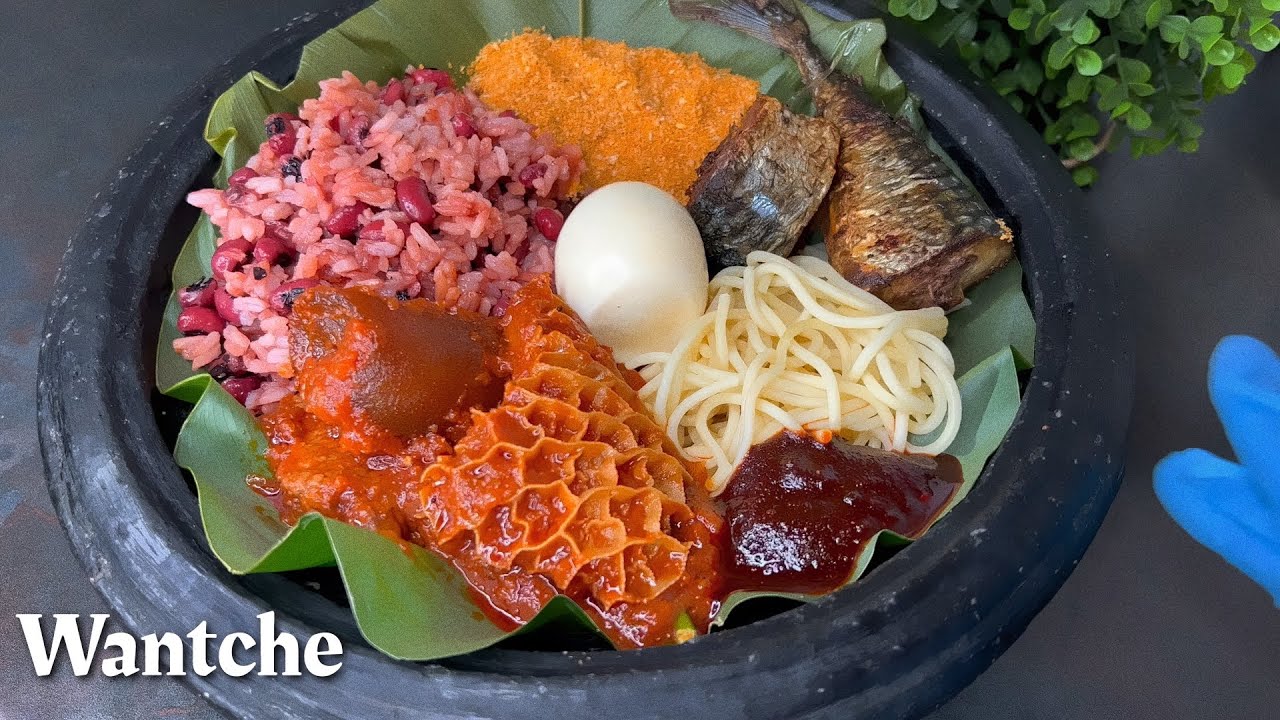 Wantche Wantche riz haricots spaghetti gari sauce tomate poisson frit - YouTube