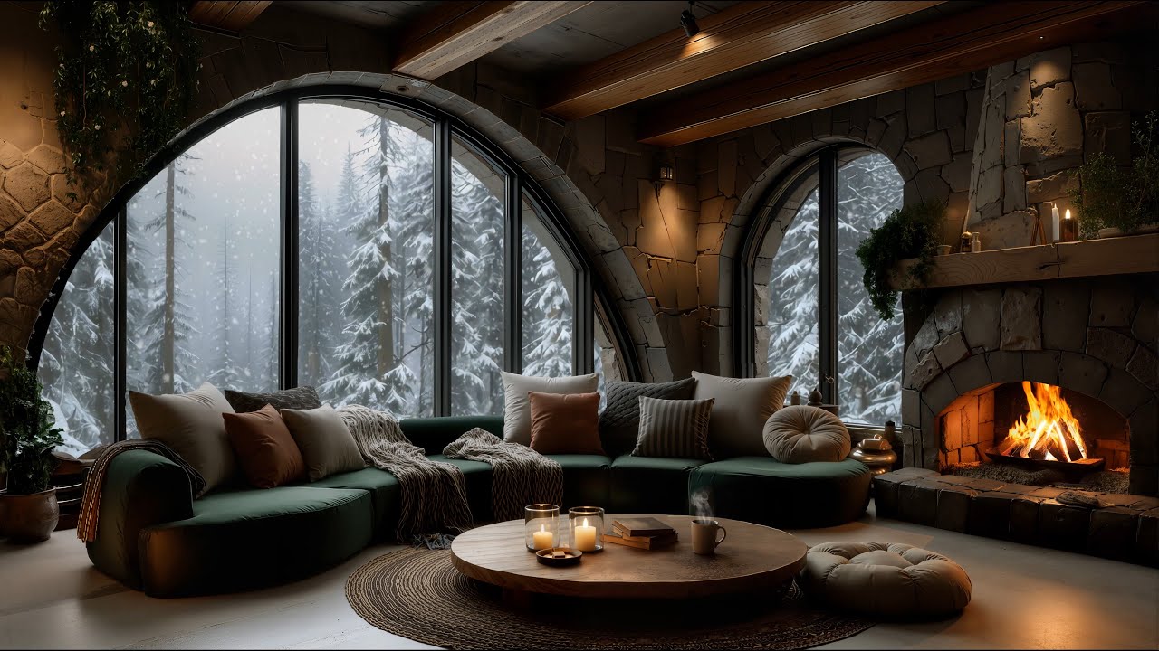 Snowy forest café | Winter Piano at Cozy Luxury Lounge 🔥 Fireplace & Snowy Ambience for Calm & Focus