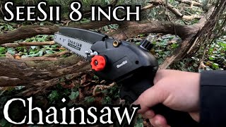 SeeSii 8 inch Chainsaw review | mini Rechargeable Cordless Chainsaw test in the Woods