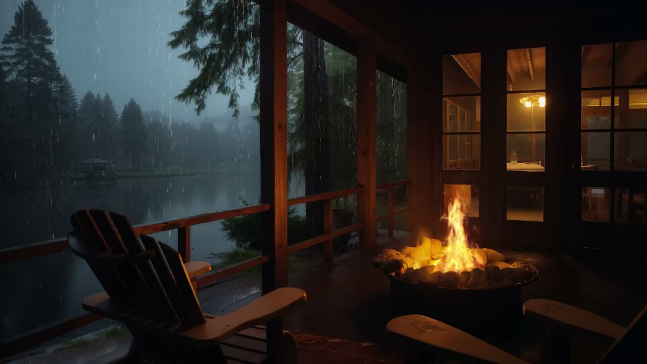 Rain at a Lakeside Cabin Porch with Relaxing Fireplace Sounds & Cozy Ambience for Calm
