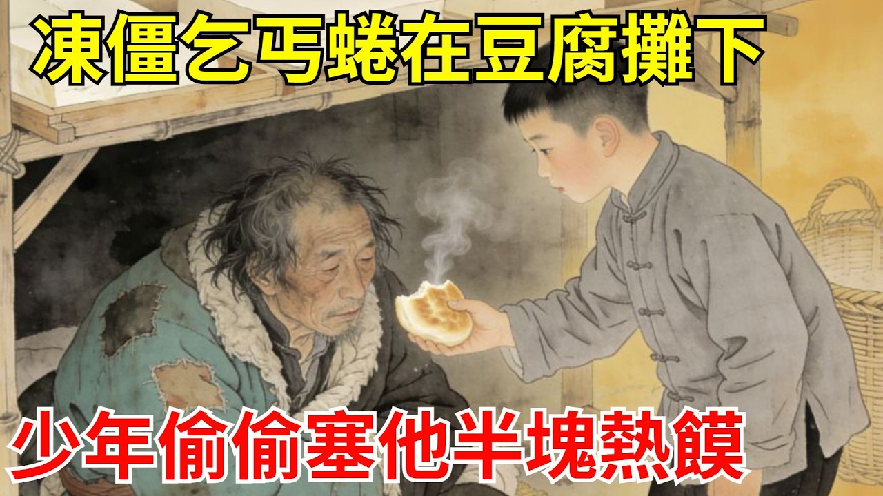凍僵乞丐蜷在豆腐攤下，少年偷偷塞給他半塊熱饃。三年後皇帝微服尋醫，跪求少年救太子——那乞丐竟是太醫院首座！百姓驚呼：善心通天！#故事頻道#聽書#民間故事#說書#善有善報#爽文