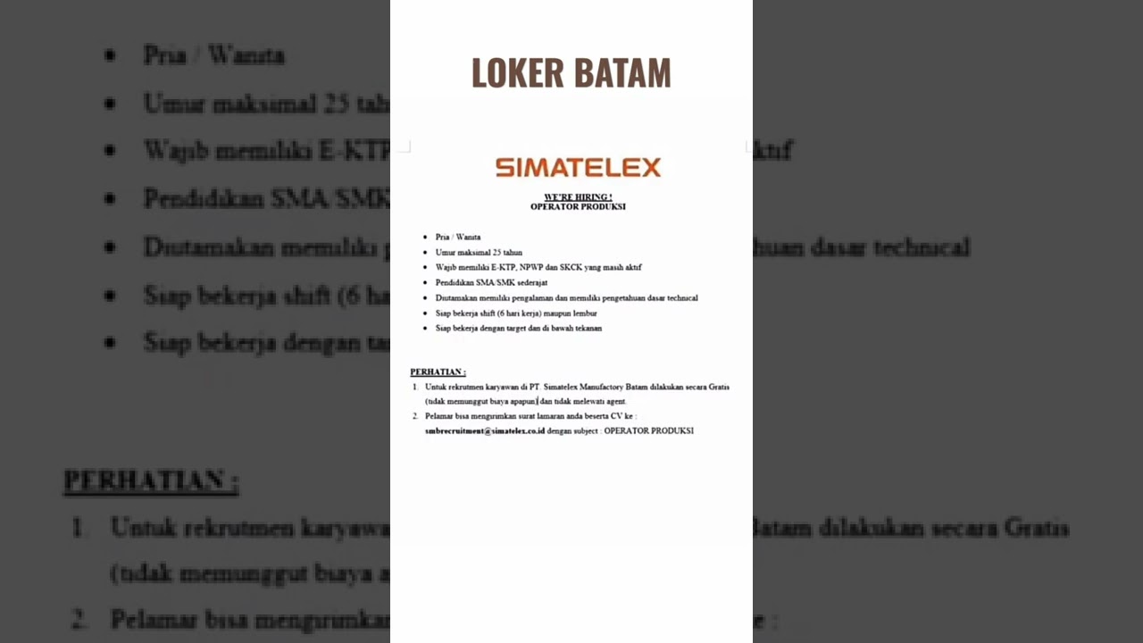 Lowongan Kerja OPERATOR PRODUKSI PT. SIMATELEX Loker Batam