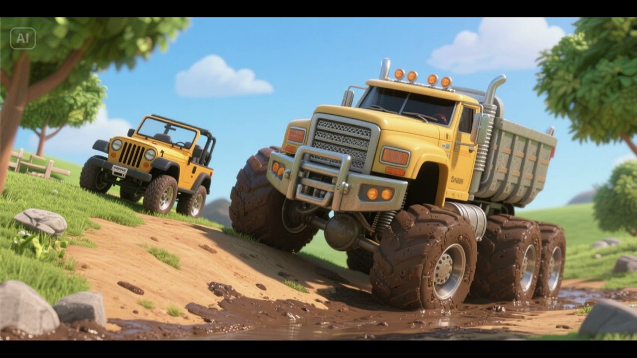 Big Truck Saves Jeep from Muddy Hill 🚚🛻💦 | Kids Song & Nursery Rhyme | Vehicle Rescue Adventure