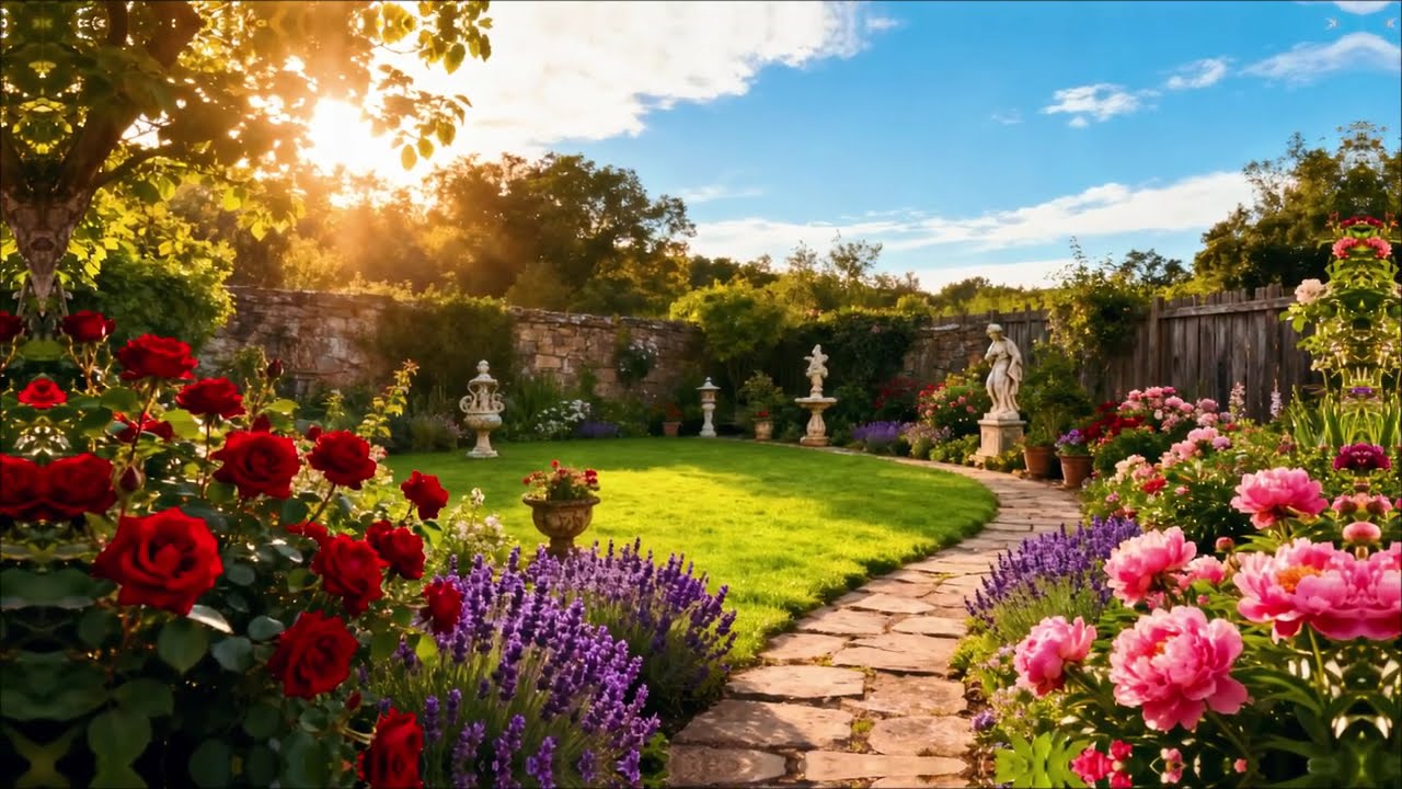 English Country Garden: Roses, Lavender & Stone Path
