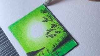 How to draw a Green sunset scenery using oil pastel - step by step very easy!