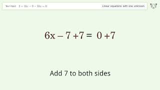 Linear equation with one unknown: Solve 2+16x-9-10x=0 step-by-step solution