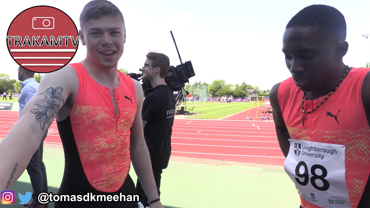 Romell Glave and Oli Bromby react to their 100m performances at Loughborough International 2018