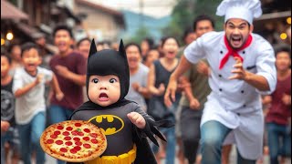 Superheroes baby runs chased by pizza chef