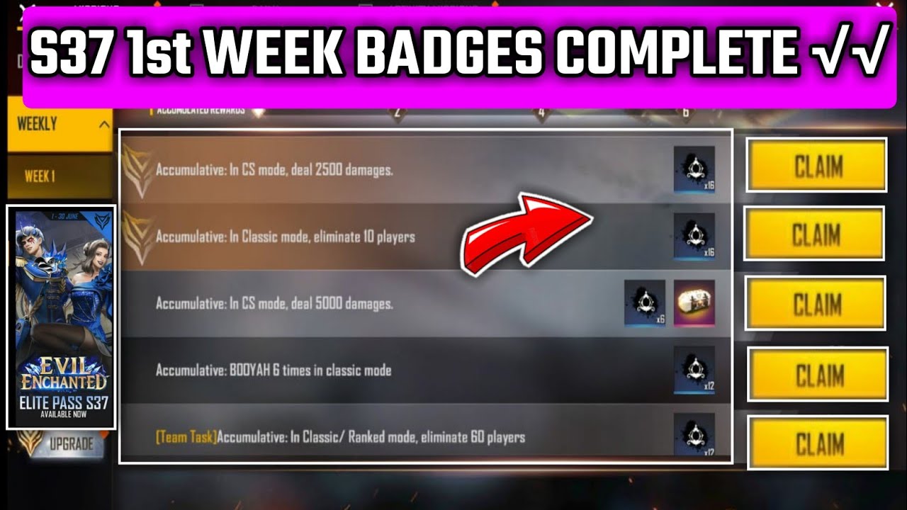 How to complete S37 Elite pass first week badges ff S37 Elite pass