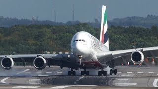 Unbelieveable AIRBUS A380 HARD CROSSWIND LANDING during a STORM at Düsseldorf 4K -2017