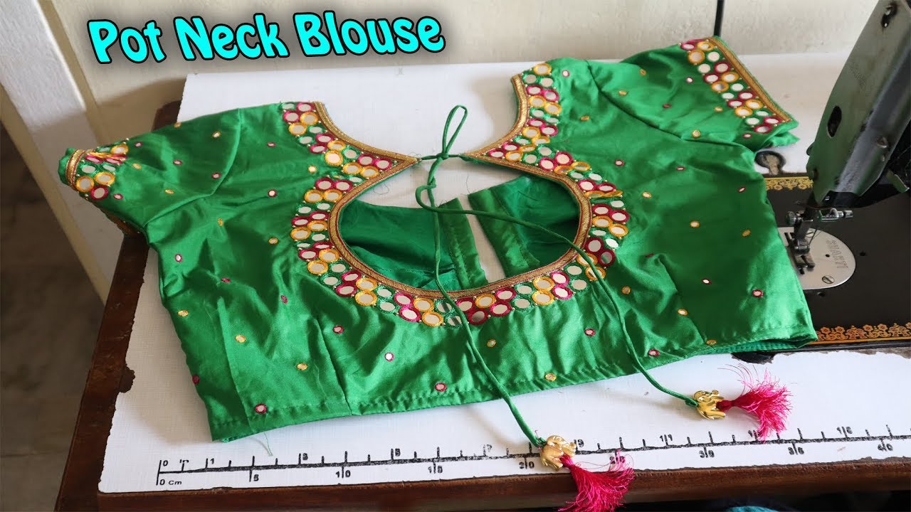 How to Designer 38 Size Pot Neck Mirror Worked Saree Blouse Cutting and ...