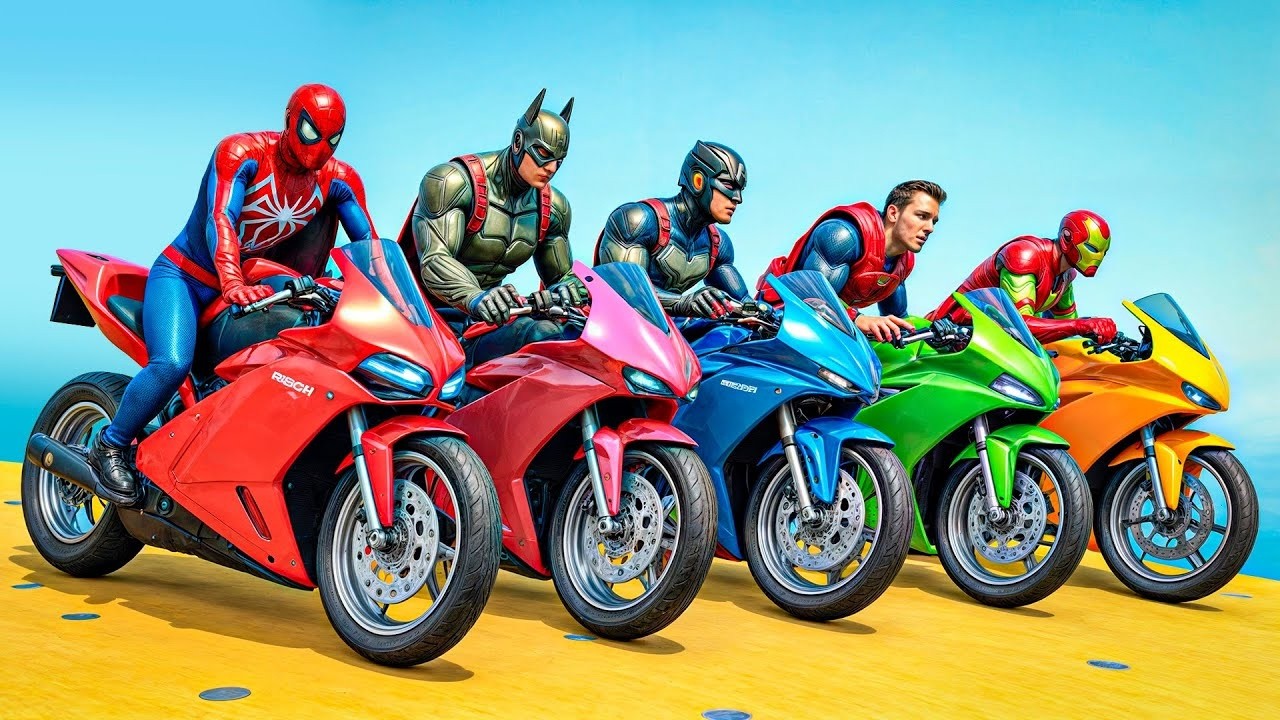 SPIDER MAN Takes on Mega Ramp Stunt Ride on Motorcycle بطال الخارقين على القضبان دوامة قمع جس