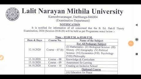 LNMU B.Ed Part 2 examination programme and Centre List 2020, Session 2018-20