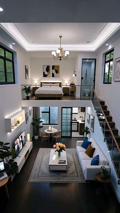 Modern Loft Apartment with Cozy Mezzanine Bedroom, Warm Lighting, and Stylish Interior Design