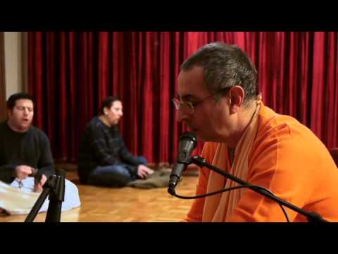 His Holiness Niranjana Swami leads Hare Krishna kirtan during Wednesday program at ISKCON Boston temple on December 15, 2010.