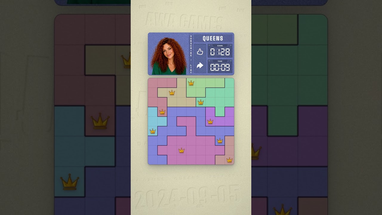 LinkedIn Queens #128 solved board for September 5, 2024, 9x9 grid