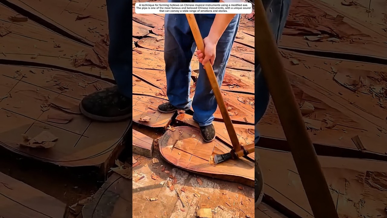 Technique for forming a hollow on a Chinese musical instrument using a modified axe 